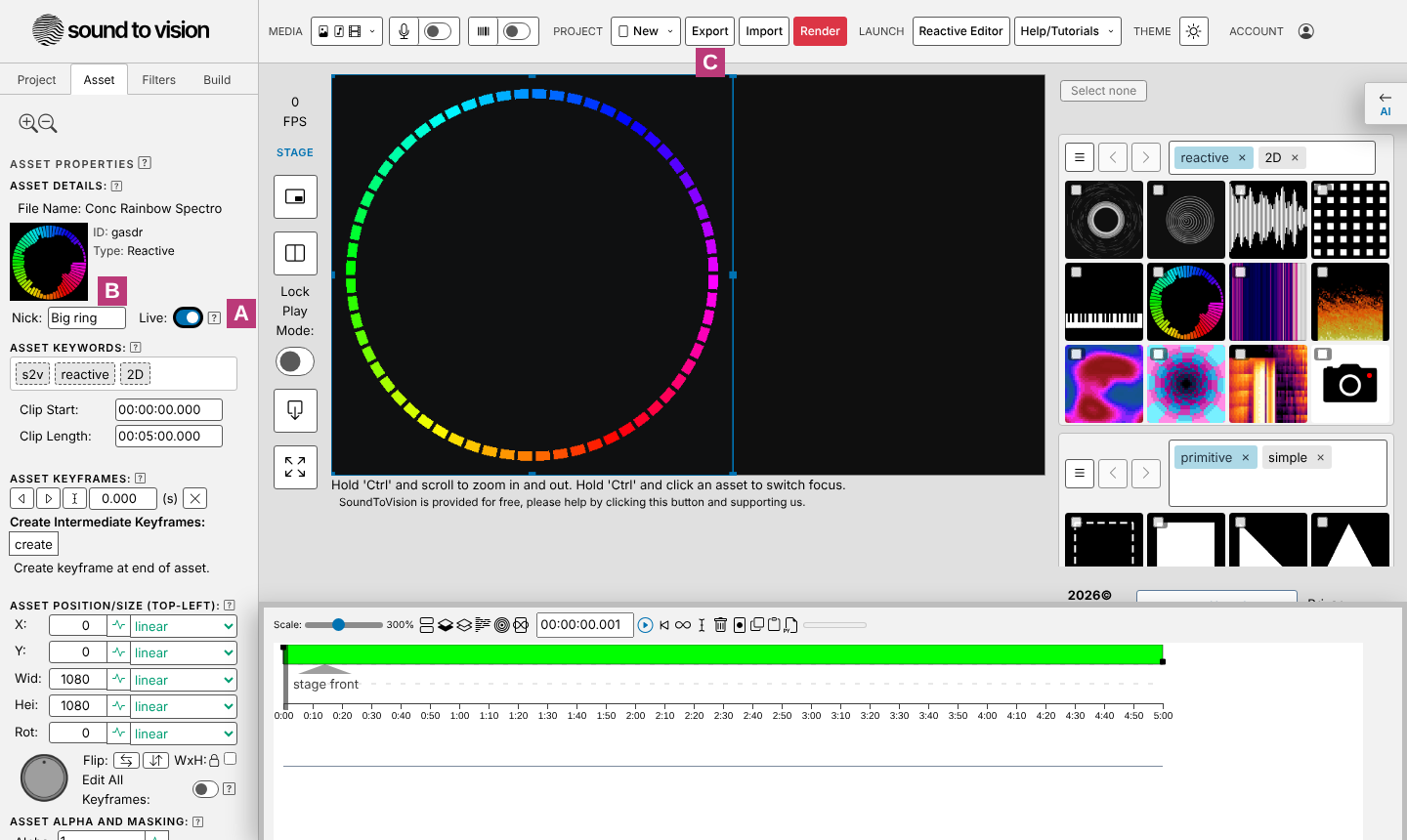 The project editor in the browser: the Live switch, the nickname and Export, lettered