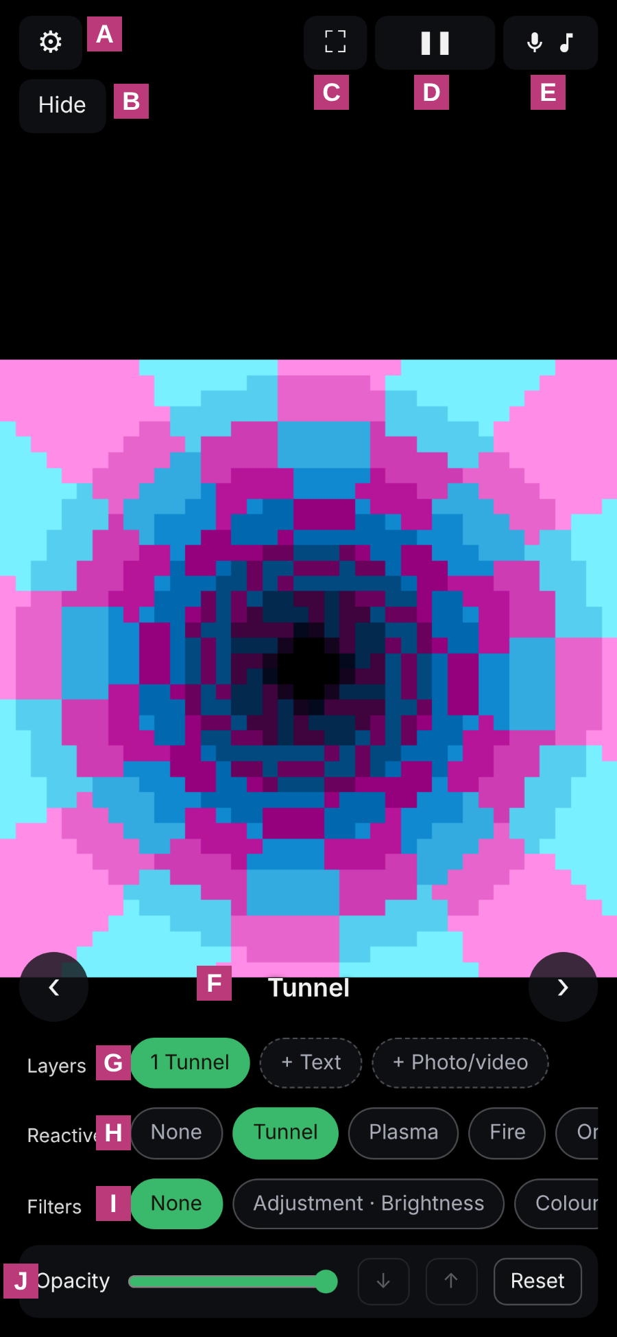SToV Live in a phone's browser, with its controls lettered